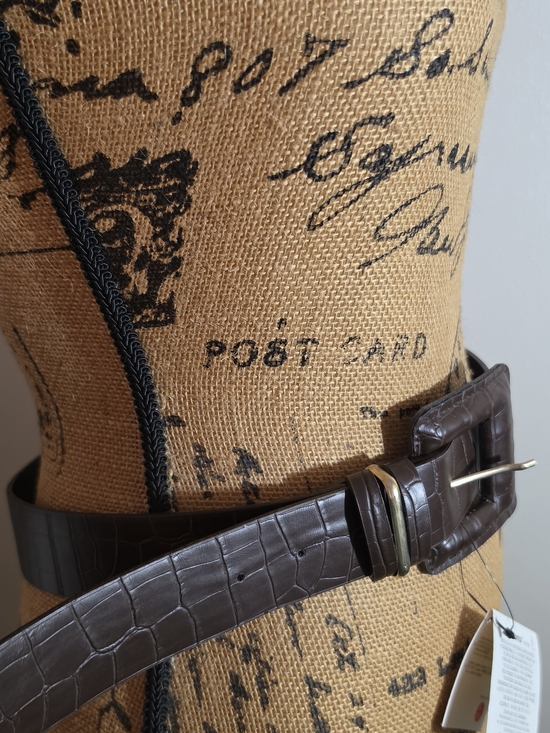 Zara Croc-Embossed Dark Brown Wide Belt with Copper-Tone Pin